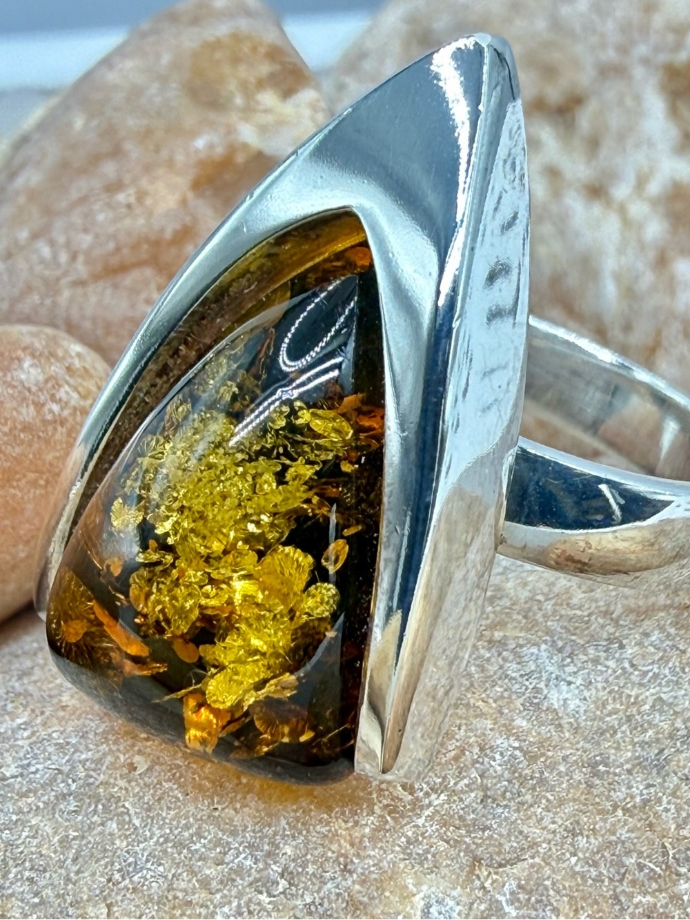 Polish Baltic Amber Sterling 925 Modernist Statement Ring Sz 8 Gdansk Cognac 70s